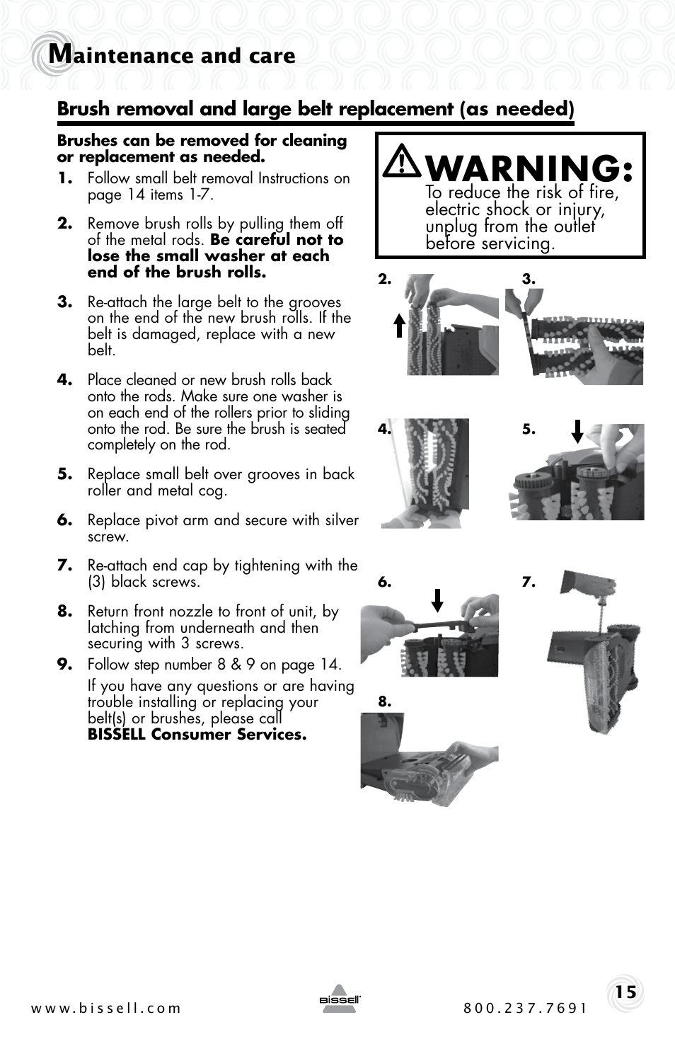 Warning, Aintenance and care | Bissell 27F6 User Manual | Page 15 / 20