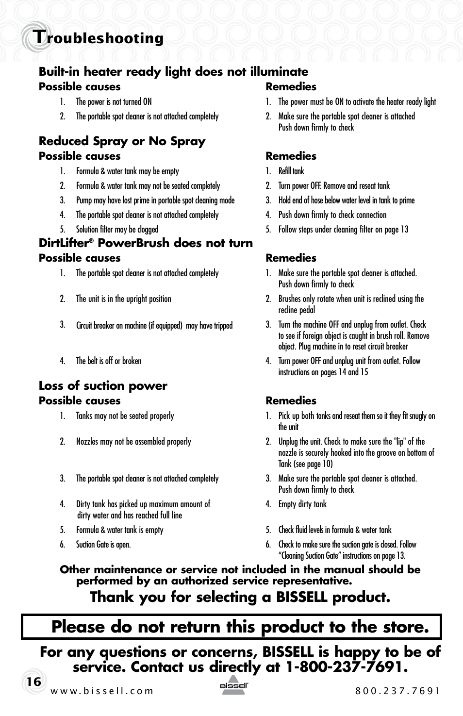 Please do not return this product to the store, Roubleshooting | Bissell 27F6 User Manual | Page 16 / 20