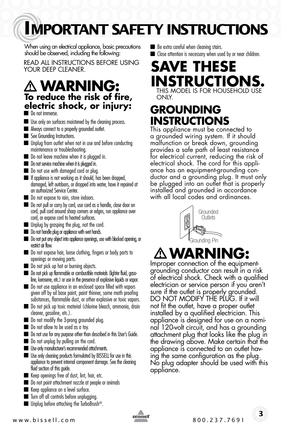 Mportant safety instructions, Warning, Save these instructions | Grounding instructions | Bissell 27F6 User Manual | Page 3 / 20