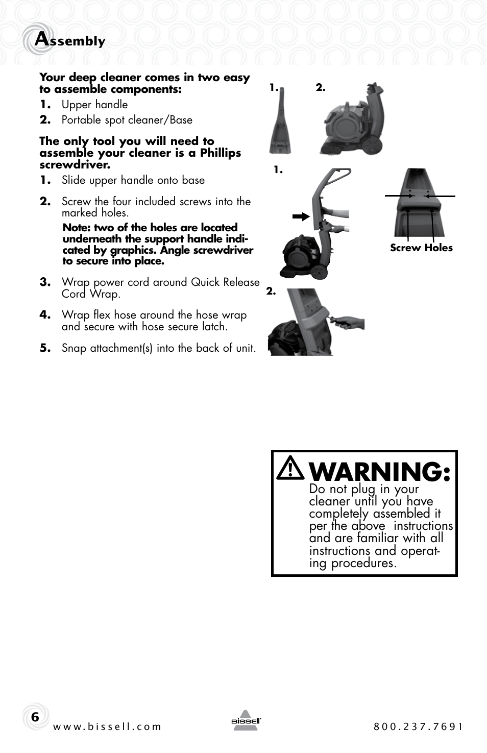 Warning | Bissell 27F6 User Manual | Page 6 / 20