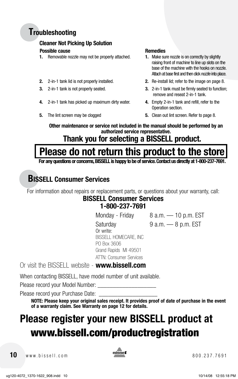 Please do not return this product to the store, Roubleshooting, Issell consumer services | Bissell PowerSteamer 1370 series User Manual | Page 10 / 12