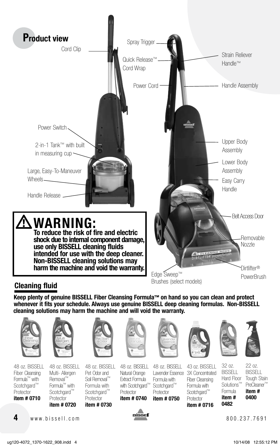 Warning, Roduct view, Cleaning fluid | Bissell PowerSteamer 1370 series User Manual | Page 4 / 12