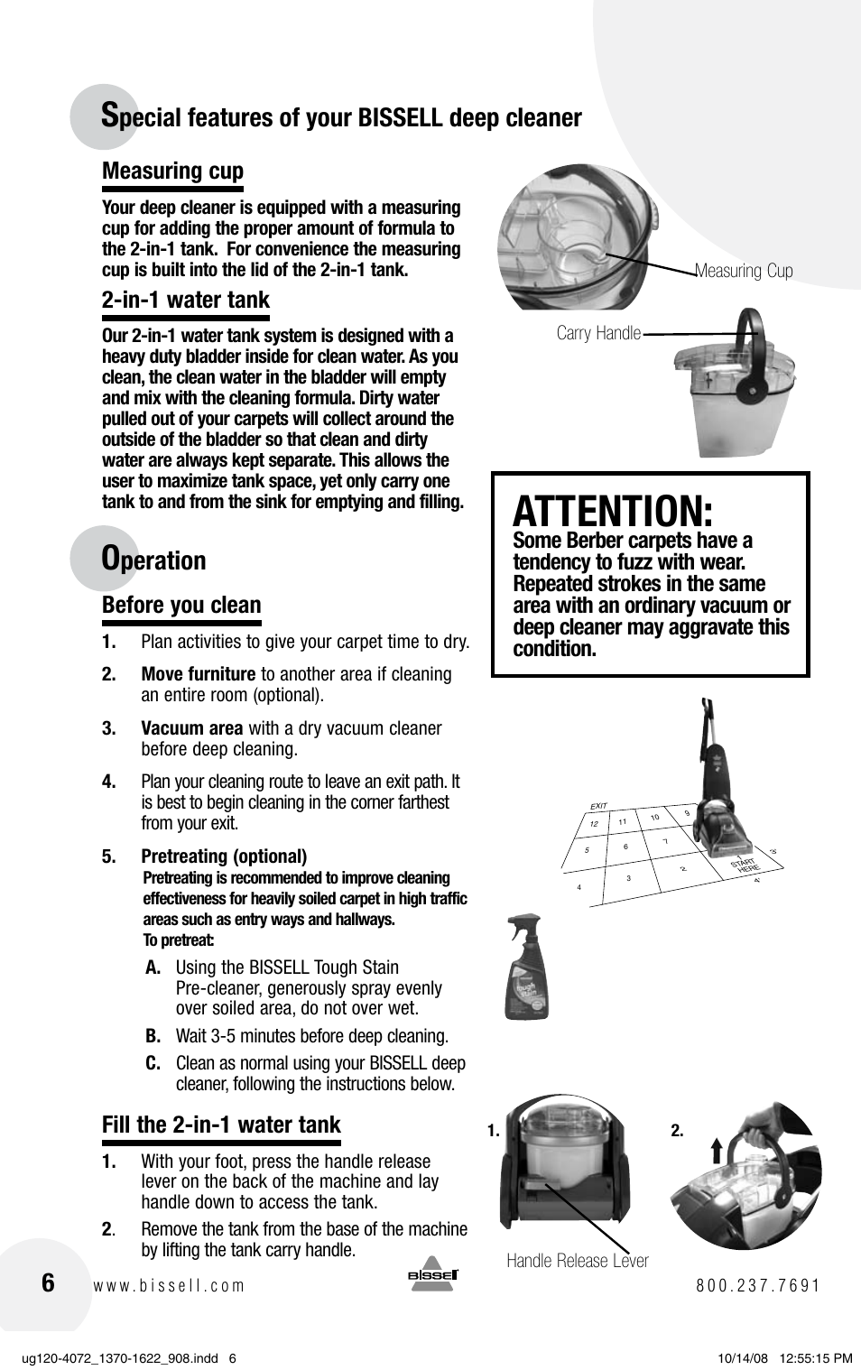 Attention, Pecial features of your bissell deep cleaner 6, Peration | Measuring cup, In-1 water tank, Before you clean, Fill the 2-in-1 water tank | Bissell PowerSteamer 1370 series User Manual | Page 6 / 12