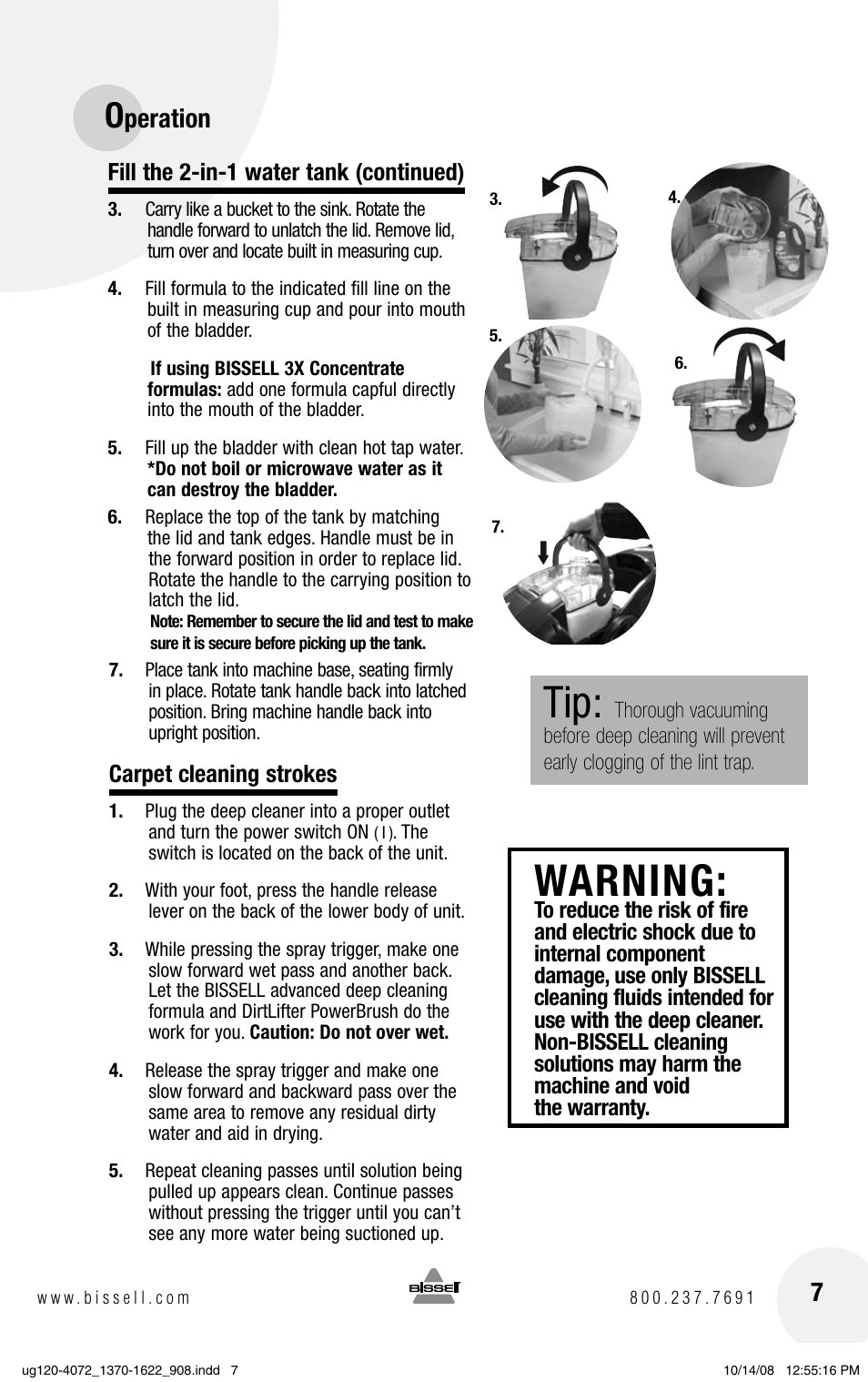 Warning, Peration 7 | Bissell PowerSteamer 1370 series User Manual | Page 7 / 12