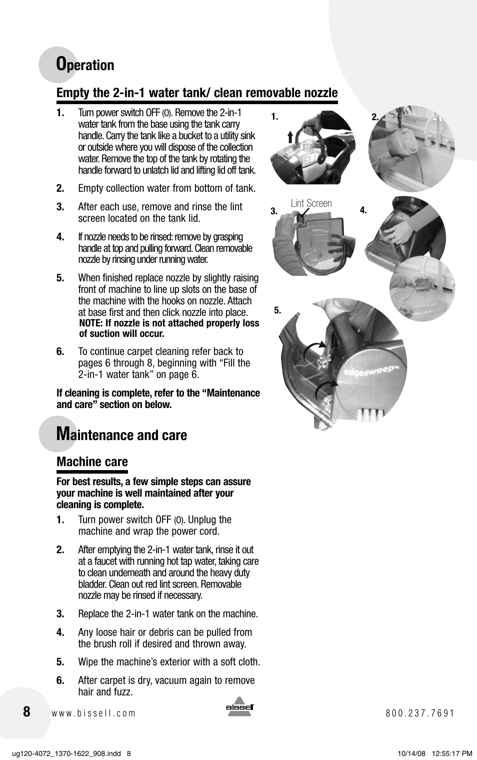 Peration, Aintenance and care, Machine care | Bissell PowerSteamer 1370 series User Manual | Page 8 / 12