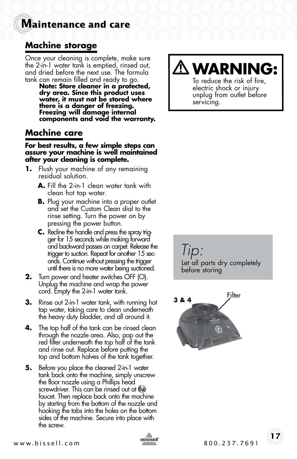 Warning, Aintenance and care, Machine storage | Machine care | Bissell Proheat2x 9500-p User Manual | Page 17 / 24