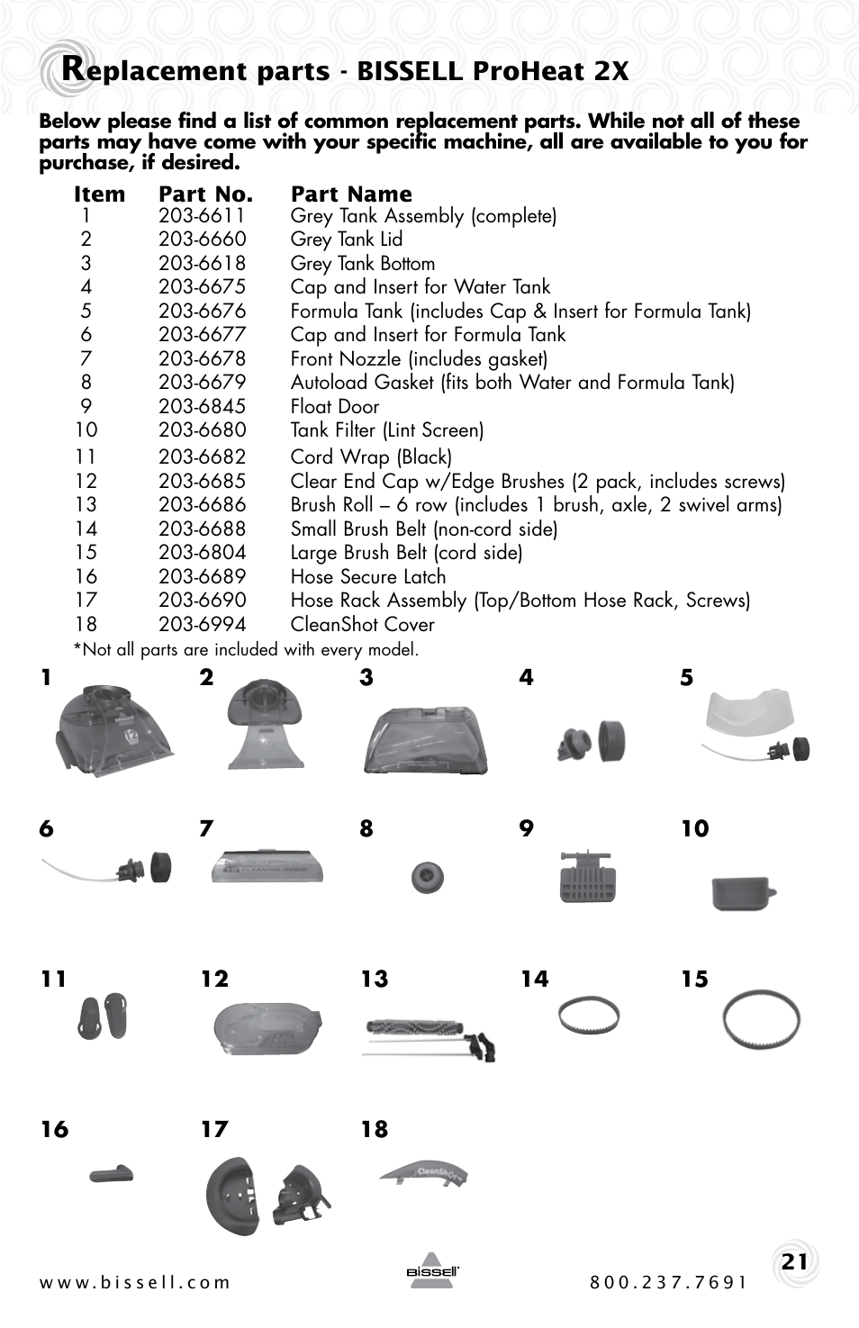 Eplacement parts - bissell proheat 2x | Bissell Proheat2x 9500-p User Manual | Page 21 / 24