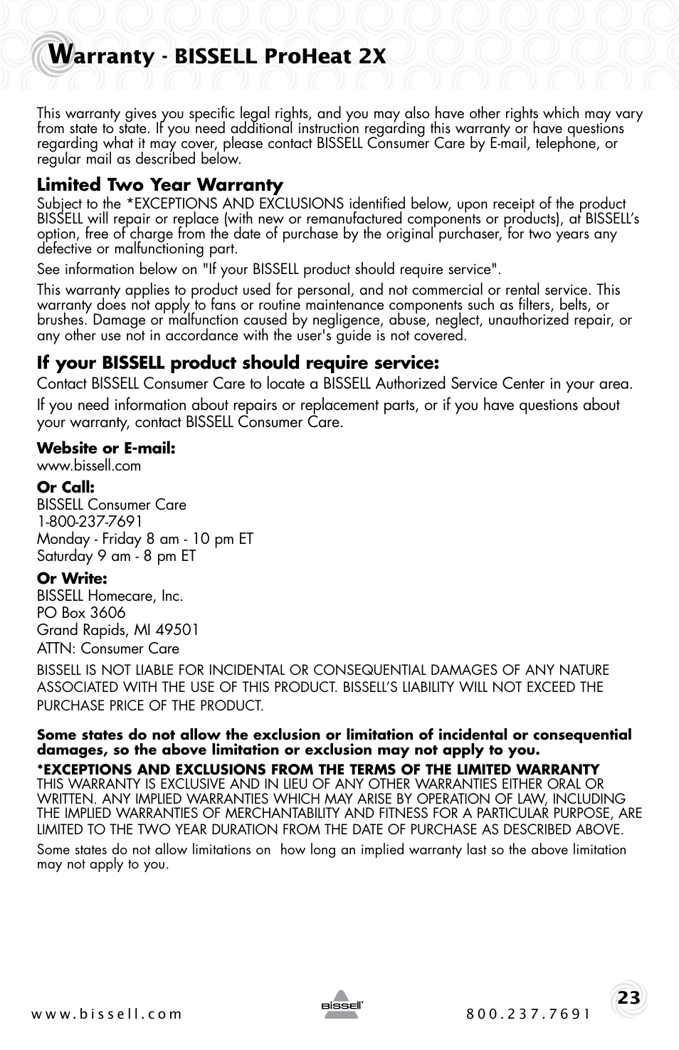 Arranty - bissell proheat 2x | Bissell Proheat2x 9500-p User Manual | Page 23 / 24