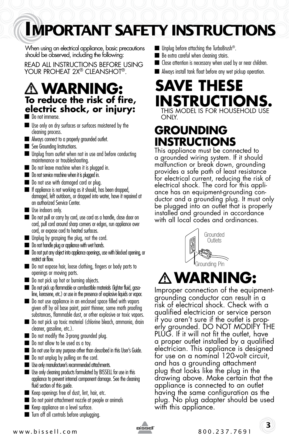 Mportant safety instructions, Warning, Save these instructions | Grounding instructions | Bissell Proheat2x 9500-p User Manual | Page 3 / 24