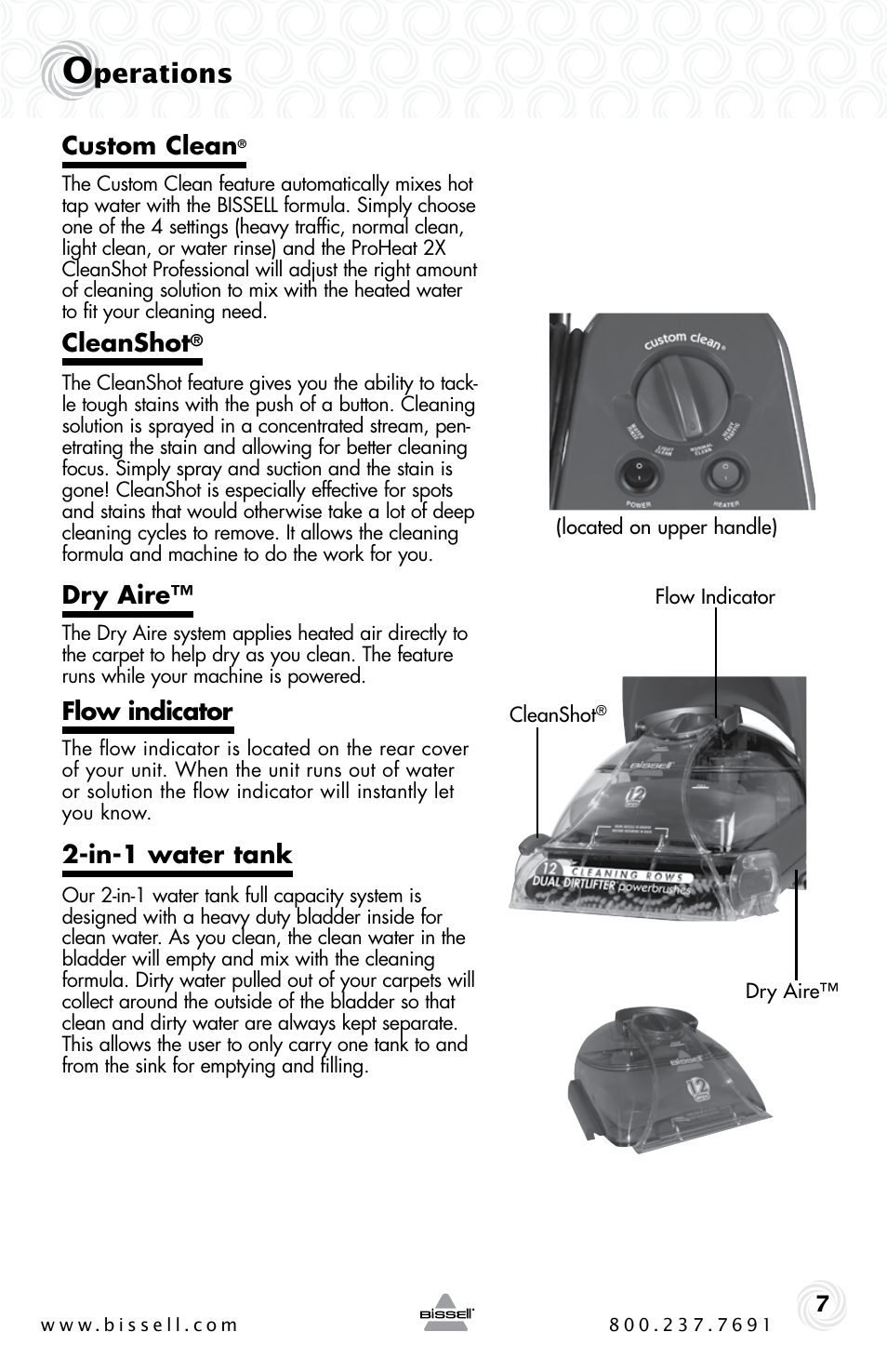 Perations, Custom clean, Cleanshot | Dry aire, Flow indicator, In-1 water tank | Bissell Proheat2x 9500-p User Manual | Page 7 / 24