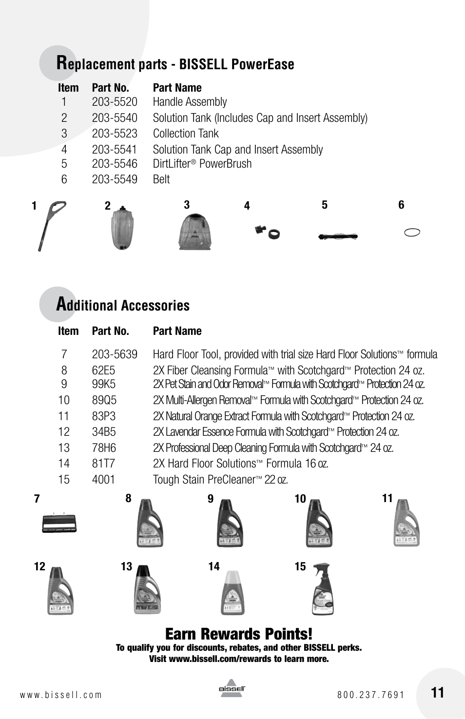 Earn rewards points, Eplacement parts - bissell powerease, Dditional accessories | Bissell POWEREASE 76R9 User Manual | Page 11 / 12