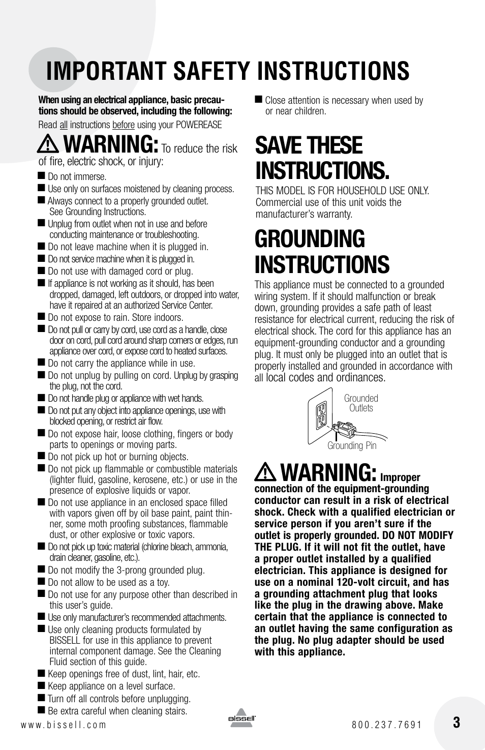Important safety instructions, Warning, Save these instructions | Grounding instructions | Bissell POWEREASE 76R9 User Manual | Page 3 / 12