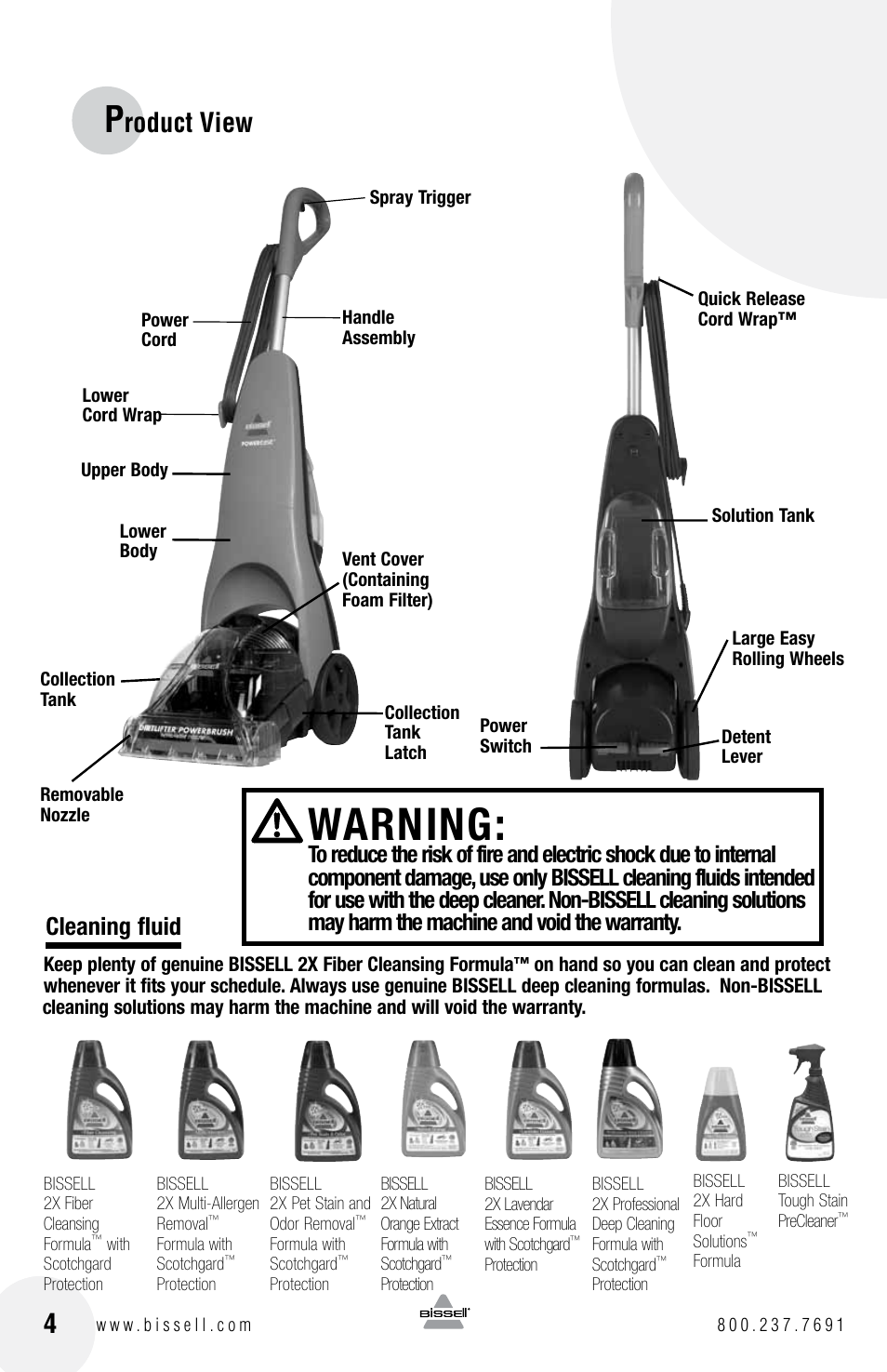 Warning, Roduct view, Cleaning fluid | Bissell POWEREASE 76R9 User Manual | Page 4 / 12
