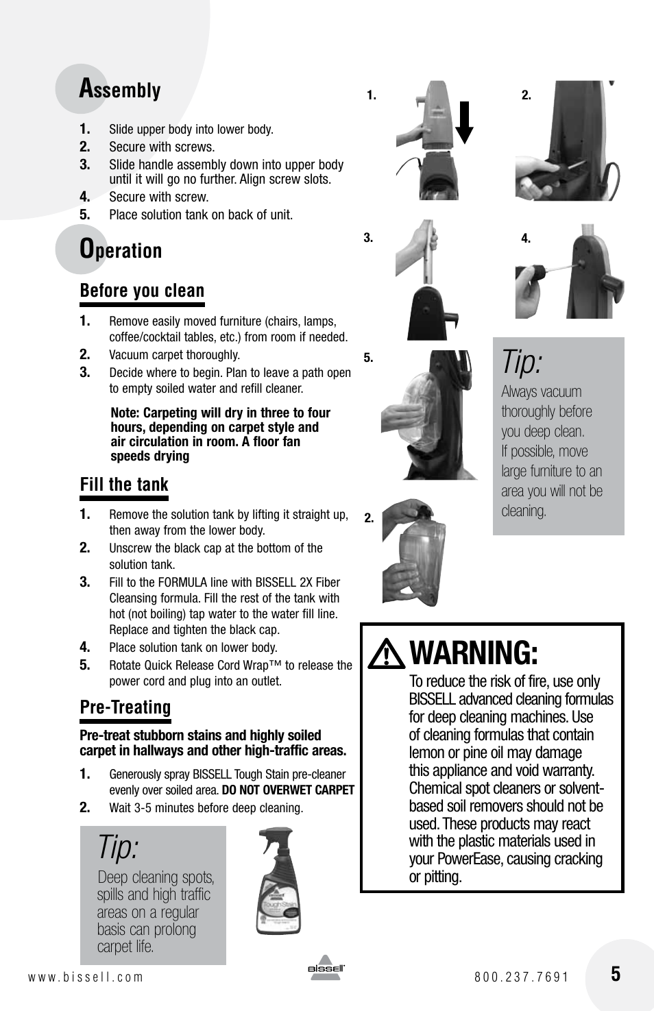 Warning, Ssembly, Peration | Before you clean, Fill the tank, Pre-treating | Bissell POWEREASE 76R9 User Manual | Page 5 / 12