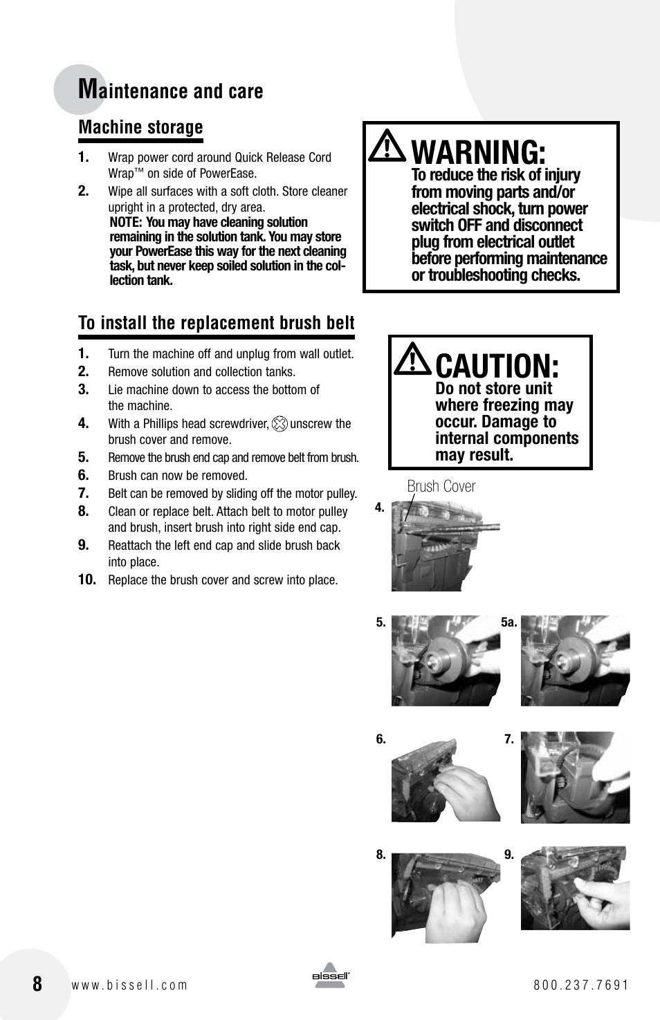 Caution, Warning, Aintenance and care | Machine storage | Bissell POWEREASE 76R9 User Manual | Page 8 / 12