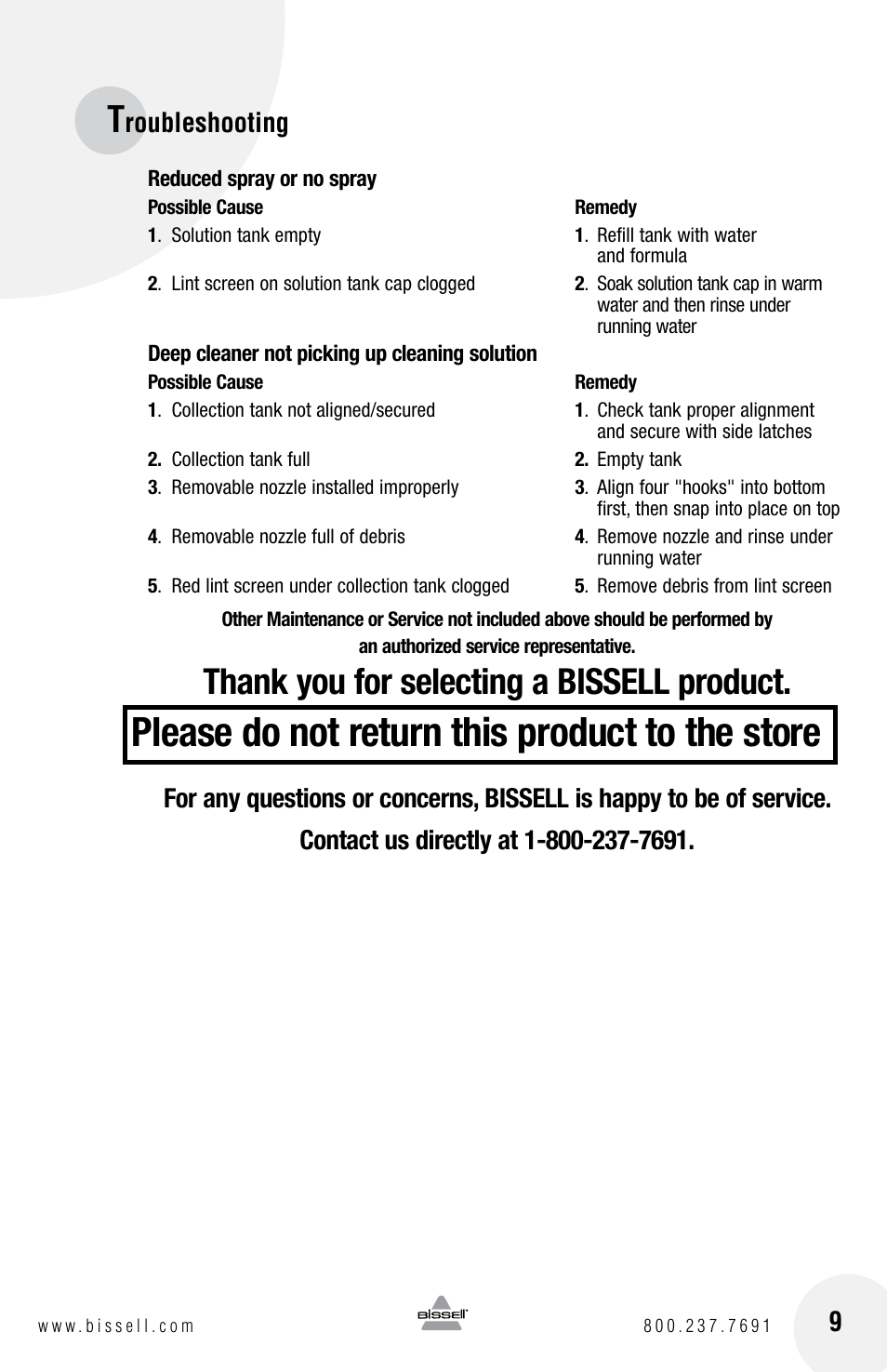 Please do not return this product to the store, Roubleshooting | Bissell POWEREASE 76R9 User Manual | Page 9 / 12