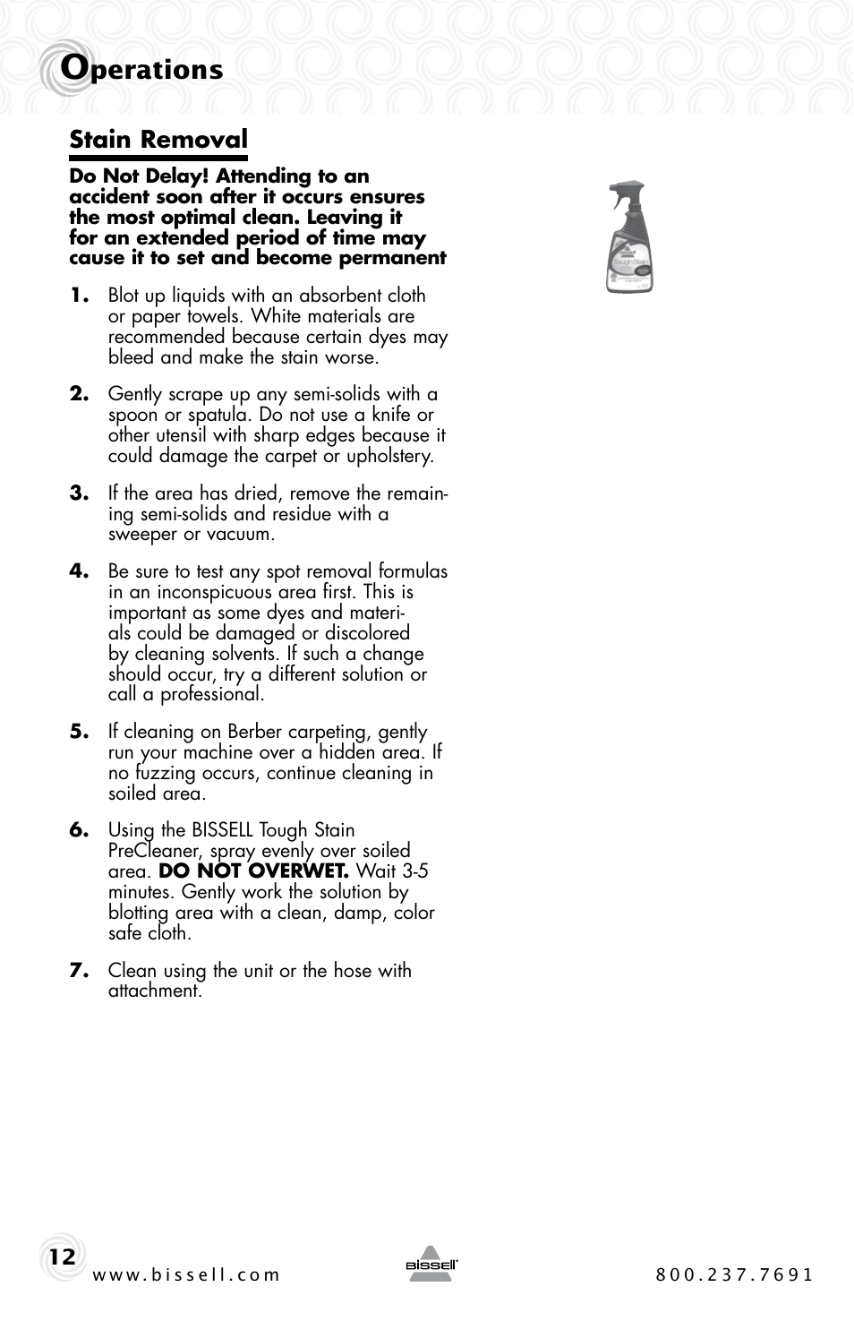 Perations, Stain removal | Bissell BIGGREEN 86T3 User Manual | Page 12 / 20