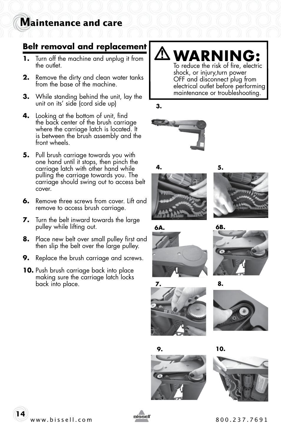 Warning, Aintenance and care, Belt removal and replacement | Bissell BIGGREEN 86T3 User Manual | Page 14 / 20