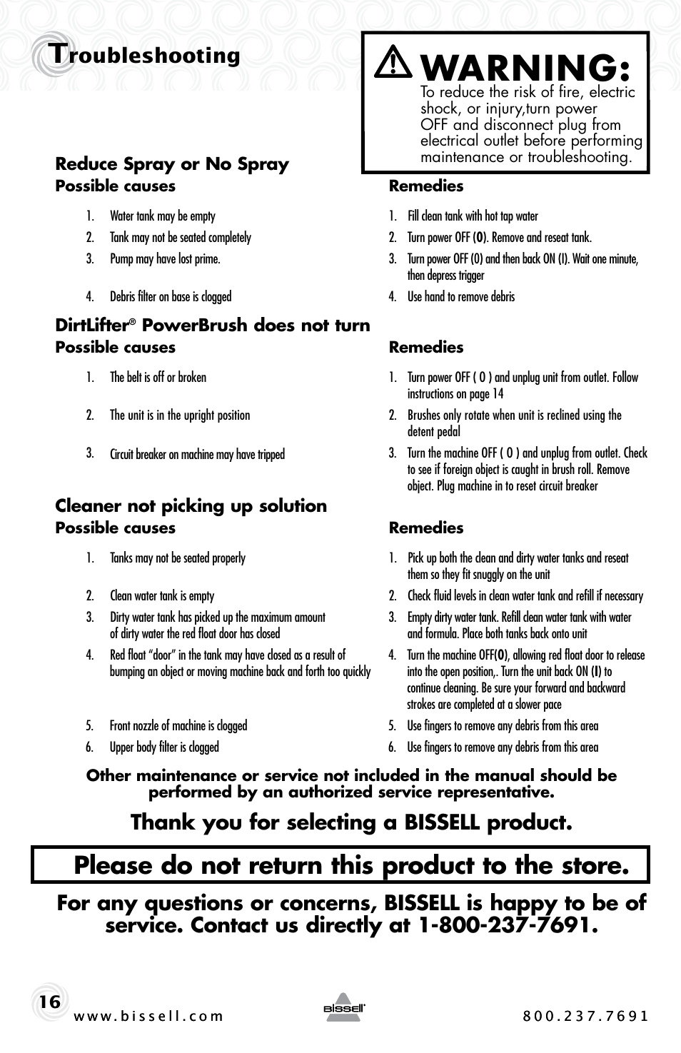 Warning, Please do not return this product to the store, Roubleshooting | Bissell BIGGREEN 86T3 User Manual | Page 16 / 20