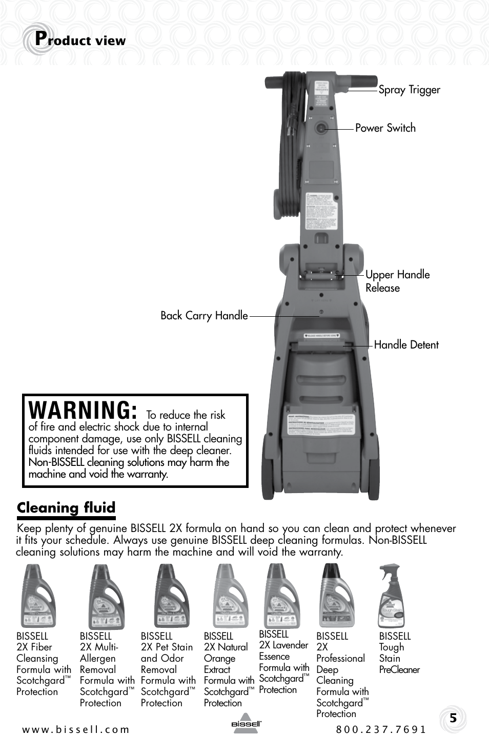 Warning, Cleaning fluid, Roduct view 5 | Bissell BIGGREEN 86T3 User Manual | Page 5 / 20