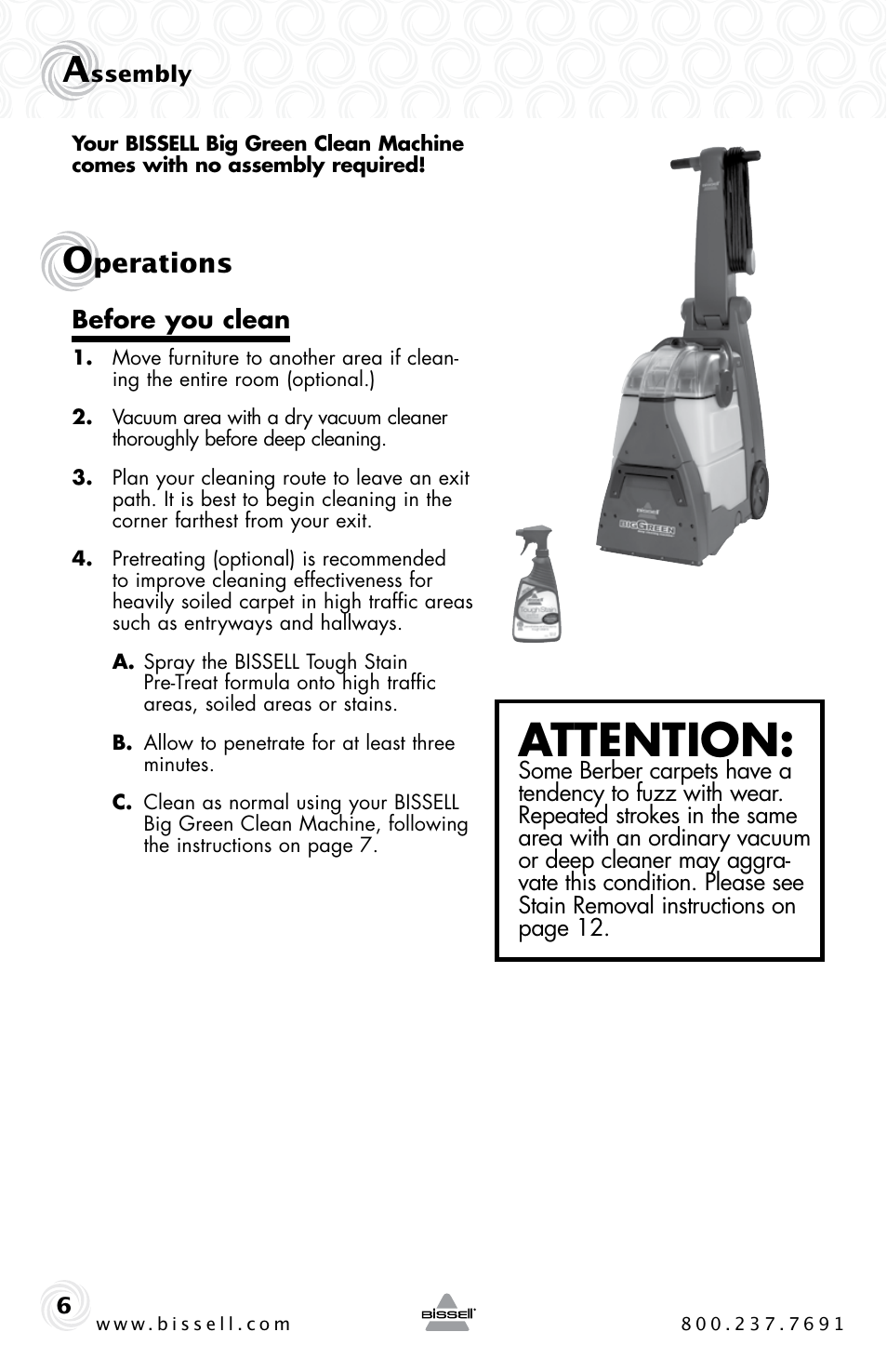 Attention, Perations | Bissell BIGGREEN 86T3 User Manual | Page 6 / 20