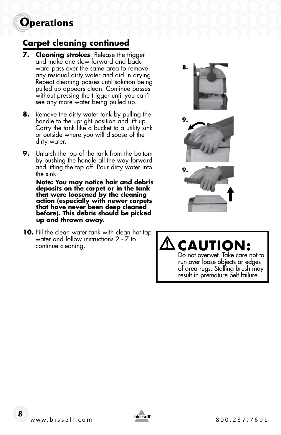Caution, Perations, Carpet cleaning continued | Bissell BIGGREEN 86T3 User Manual | Page 8 / 20