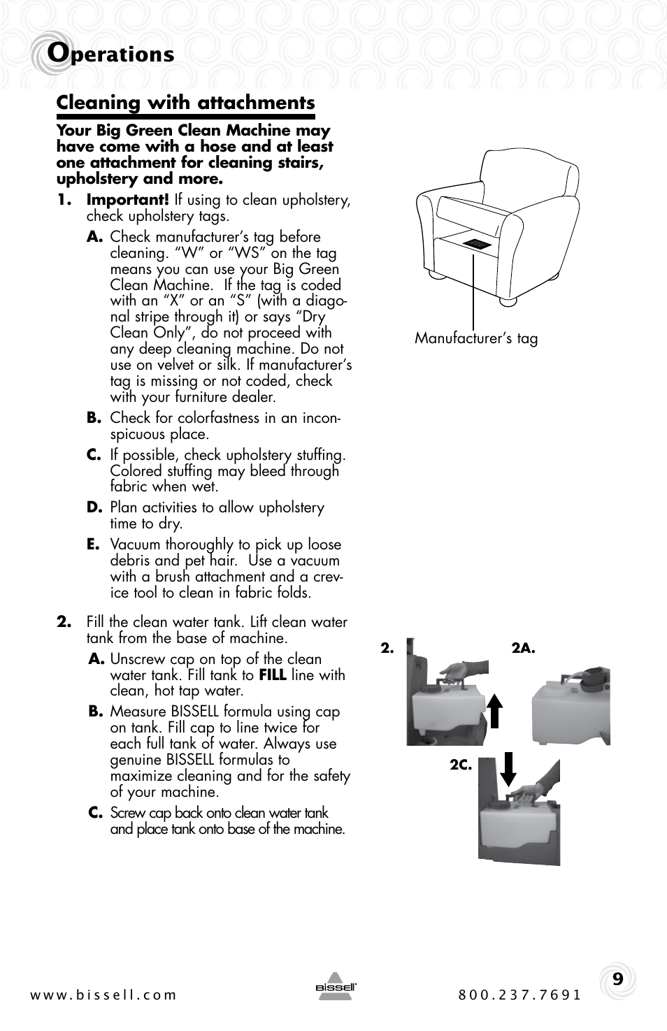 Perations, Cleaning with attachments | Bissell BIGGREEN 86T3 User Manual | Page 9 / 20