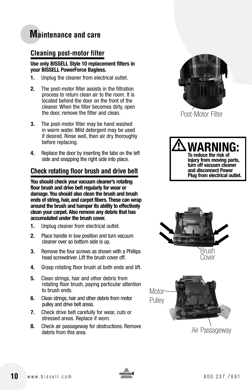 Warning, Aintenance and care, Post-motor filter | Motor pulley air passageway brush cover | Bissell Powerforce bagless 6584 series User Manual | Page 10 / 16