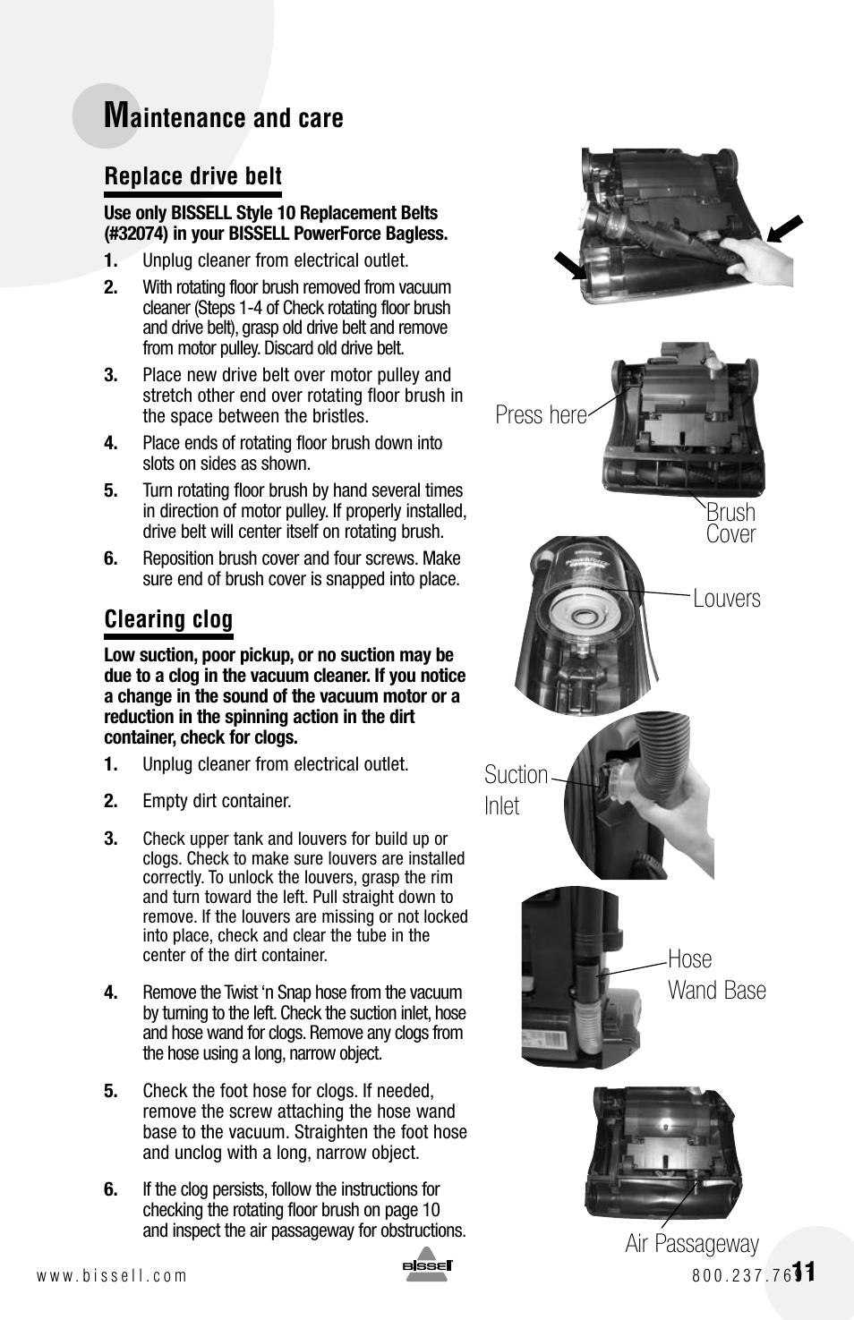 Replace drive belt, Clearing clog | Bissell Powerforce bagless 6584 series User Manual | Page 11 / 16