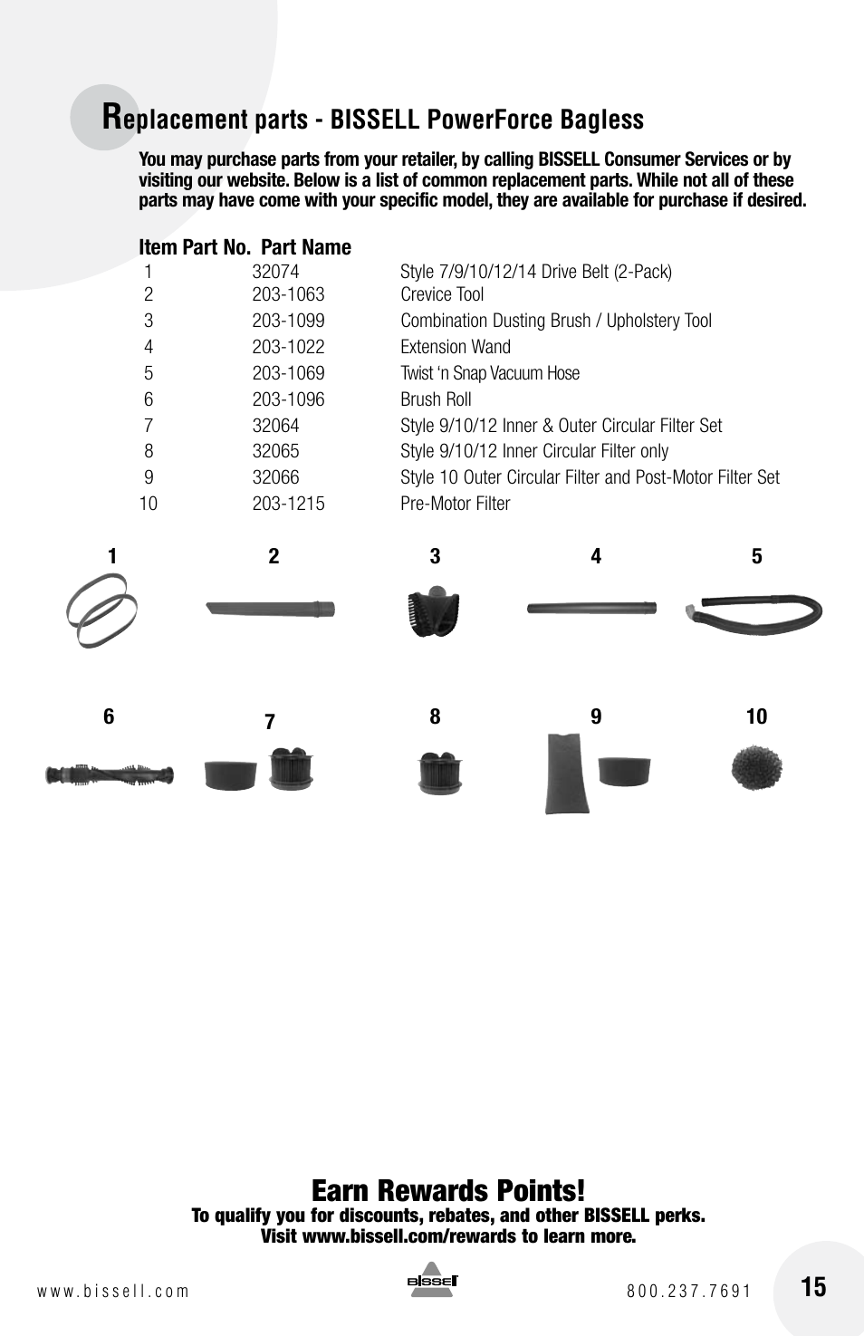 Earn rewards points, Eplacement parts - bissell powerforce bagless | Bissell Powerforce bagless 6584 series User Manual | Page 15 / 16