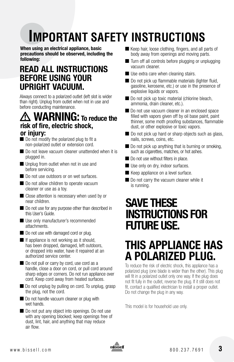 Mportant safety instructions, Warning | Bissell Powerforce bagless 6584 series User Manual | Page 3 / 16