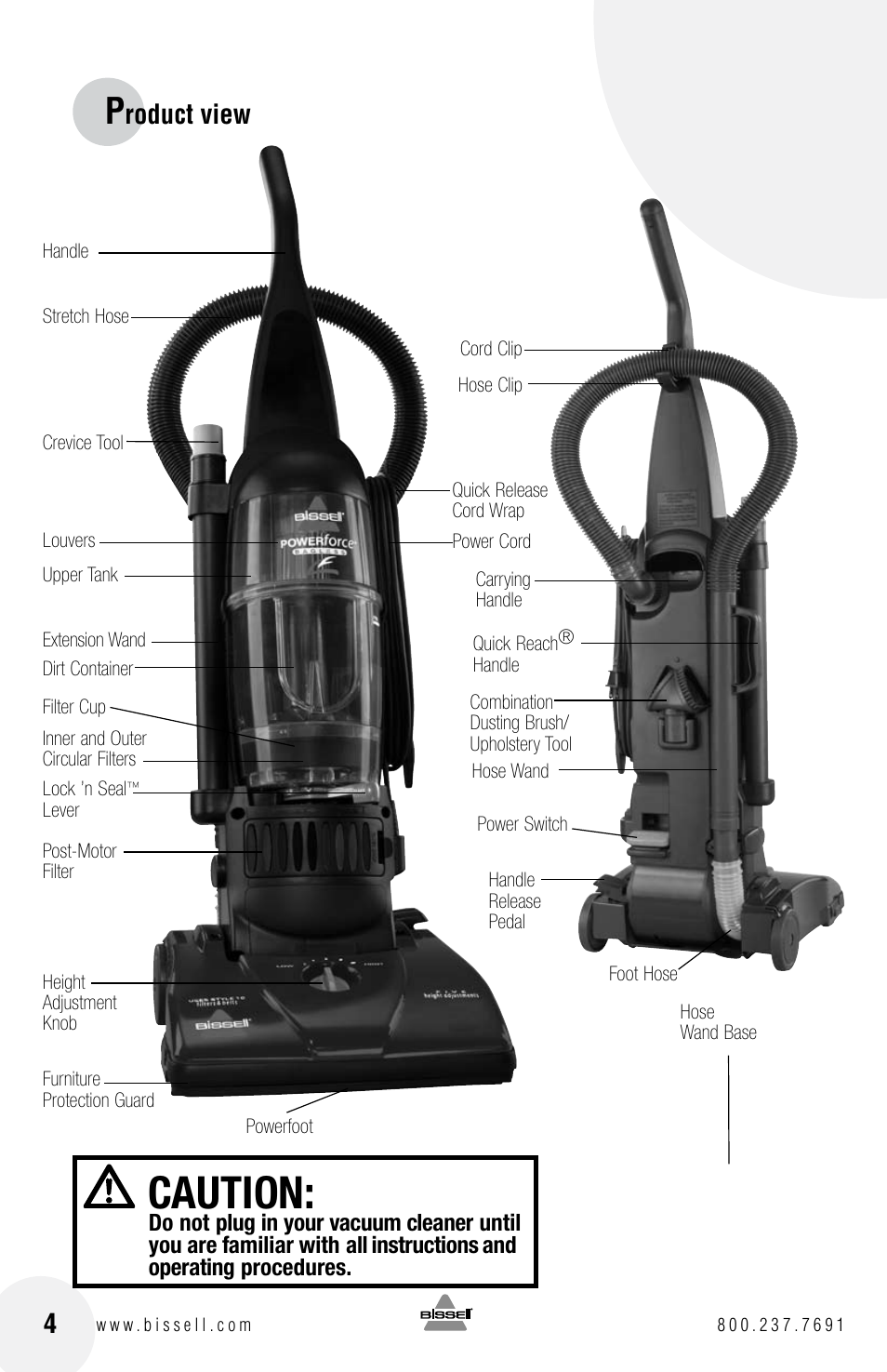 Caution, Roduct view | Bissell Powerforce bagless 6584 series User Manual | Page 4 / 16
