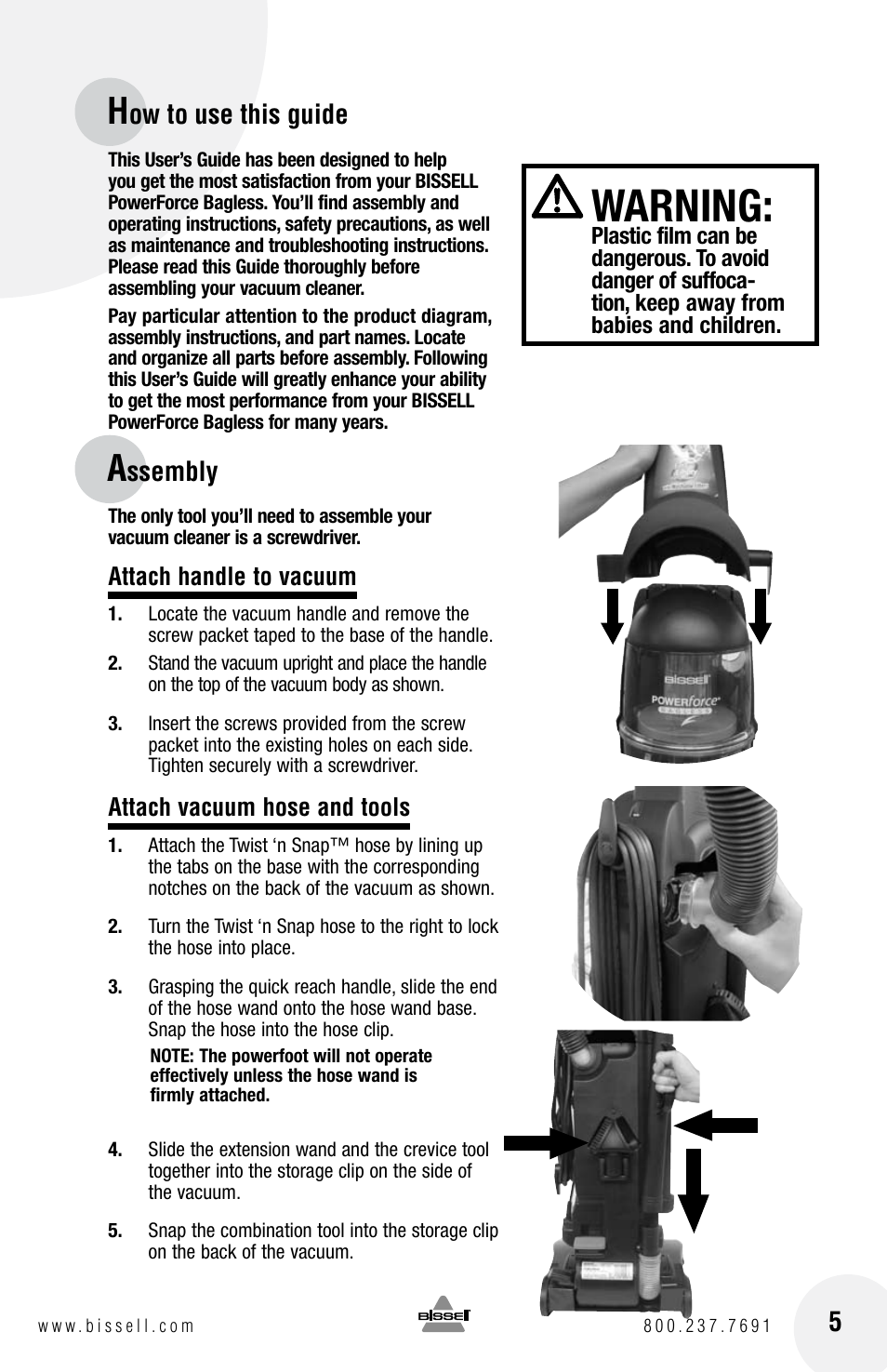 Warning, Ow to use this guide, Ssembly | Bissell Powerforce bagless 6584 series User Manual | Page 5 / 16