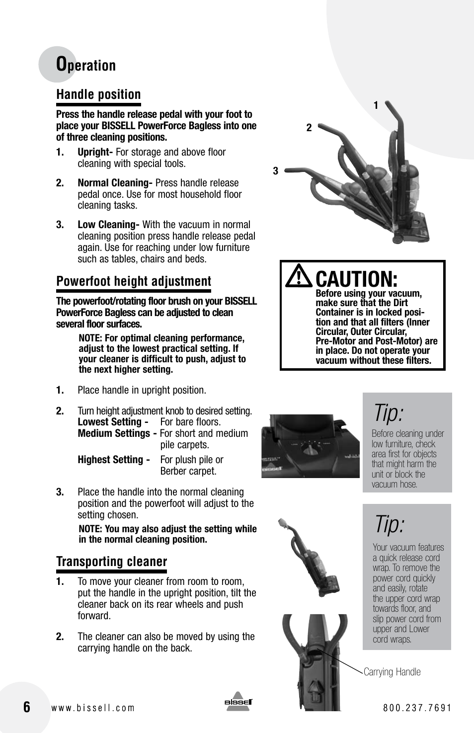 Caution, Peration 6 | Bissell Powerforce bagless 6584 series User Manual | Page 6 / 16