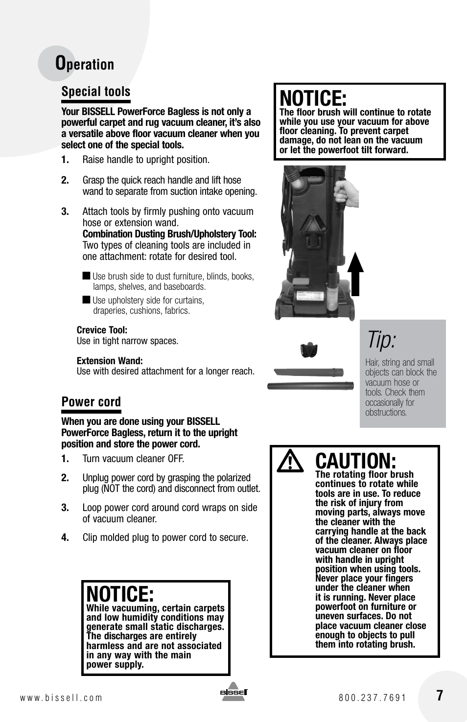 Notice, Caution, Peration | Bissell Powerforce bagless 6584 series User Manual | Page 7 / 16