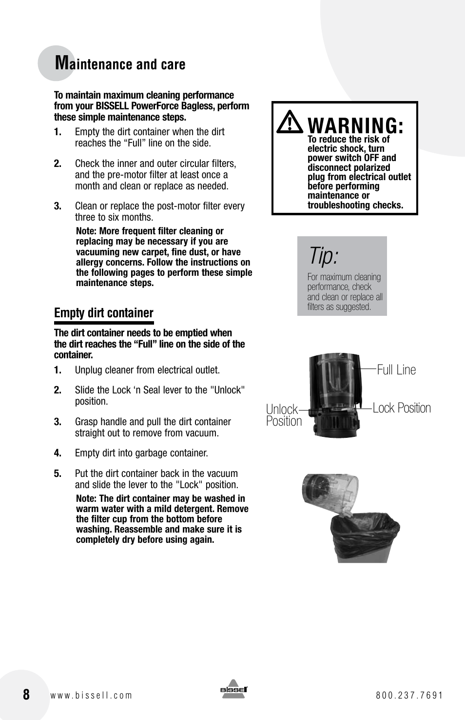 Warning, Aintenance and care, Full line lock position unlock position | Bissell Powerforce bagless 6584 series User Manual | Page 8 / 16