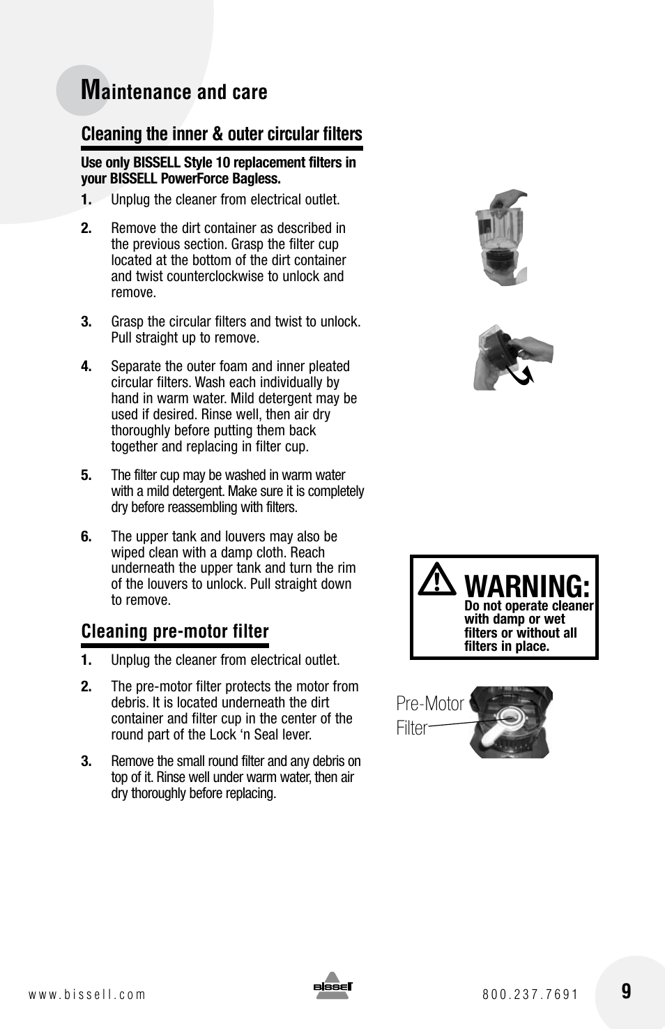 Warning, Aintenance and care 9, Pre-motor filter | Bissell Powerforce bagless 6584 series User Manual | Page 9 / 16