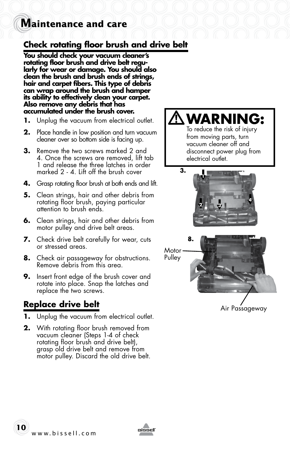 Warning, Aintenance and care, Replace drive belt | Check rotating floor brush and drive belt | Bissell 10N6-F User Manual | Page 10 / 16