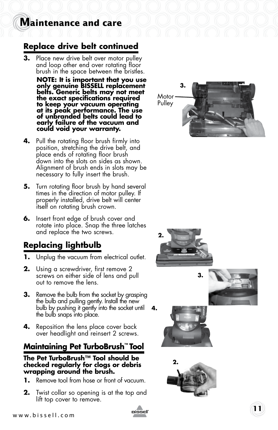 Aintenance and care, Replace drive belt continued, Replacing lightbulb | Maintaining pet turbobrush, Tool | Bissell 10N6-F User Manual | Page 11 / 16