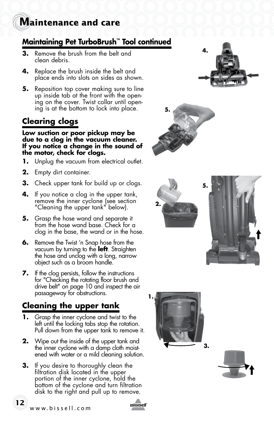 Aintenance and care, Clearing clogs, Cleaning the upper tank | Maintaining pet turbobrush, Tool continued | Bissell 10N6-F User Manual | Page 12 / 16