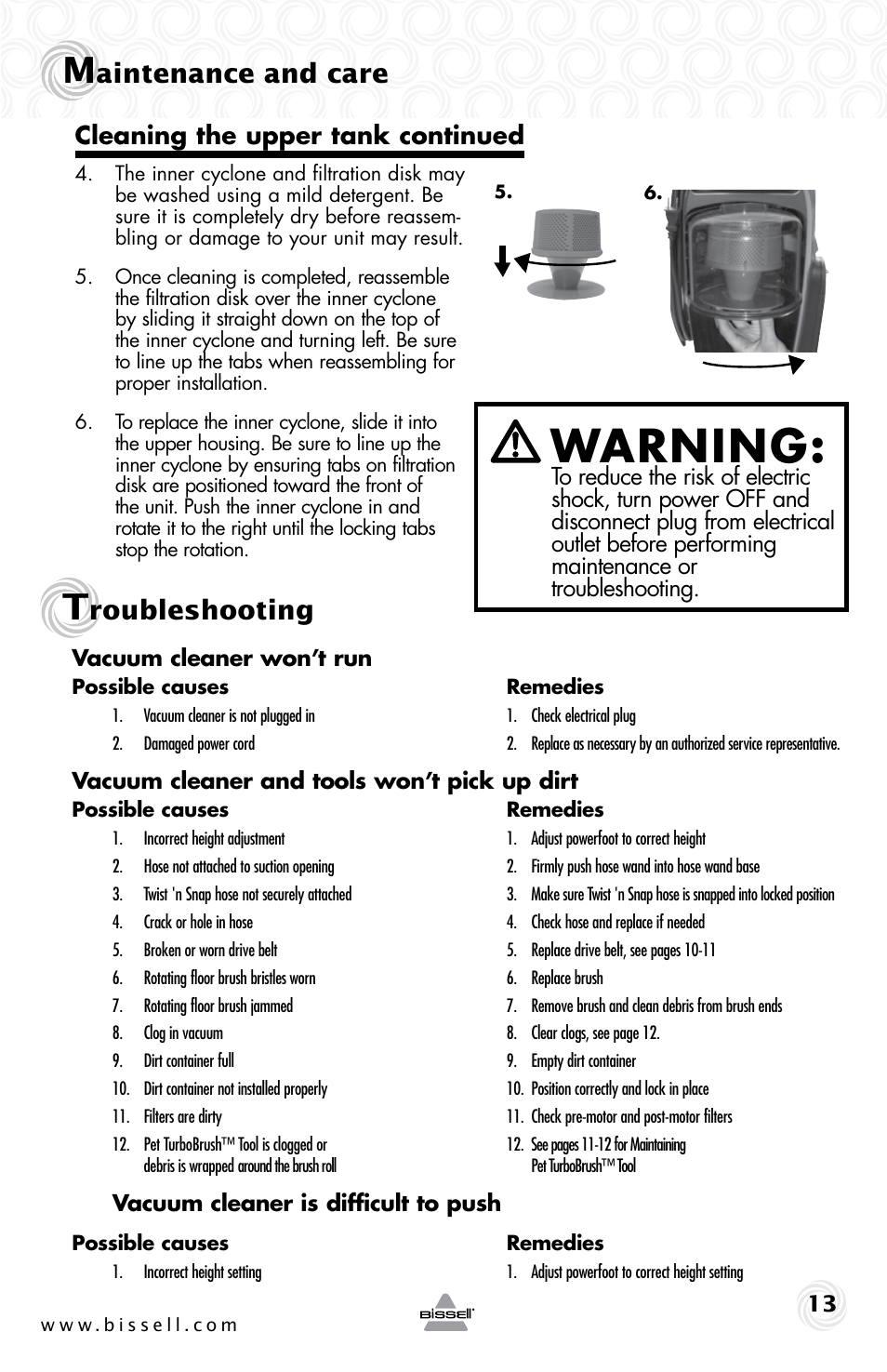 Warning, Aintenance and care, Roubleshooting | Cleaning the upper tank continued | Bissell 10N6-F User Manual | Page 13 / 16