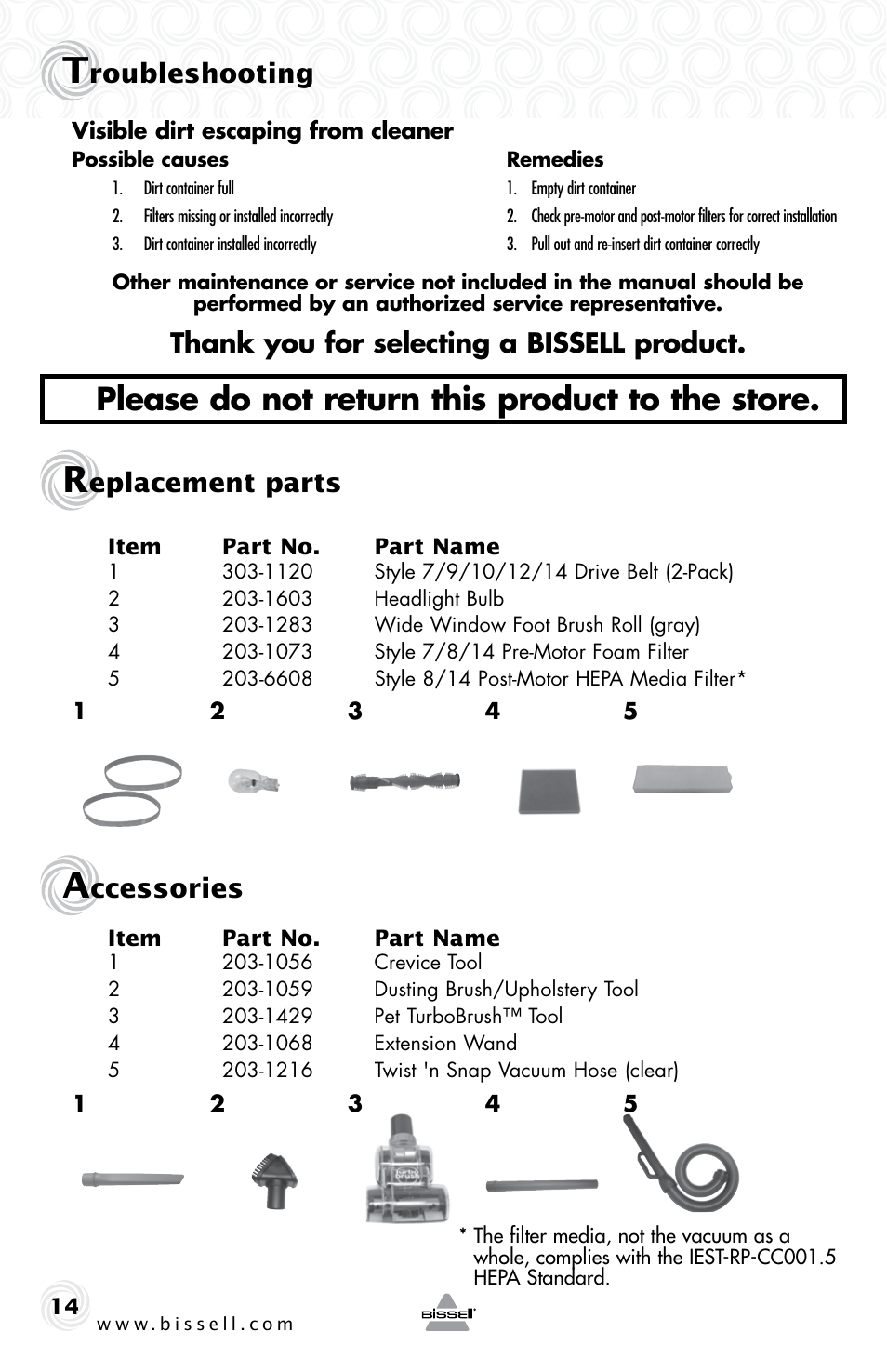 Please do not return this product to the store, Roubleshooting, Eplacement parts | Ccessories | Bissell 10N6-F User Manual | Page 14 / 16