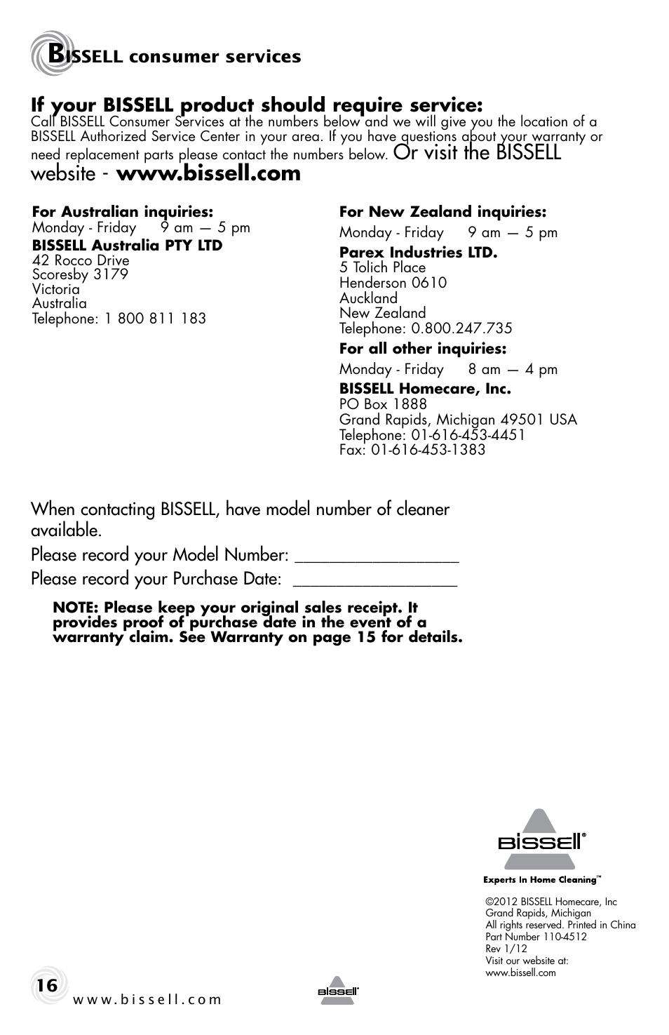 If your bissell product should require service, Issell consumer services | Bissell 10N6-F User Manual | Page 16 / 16