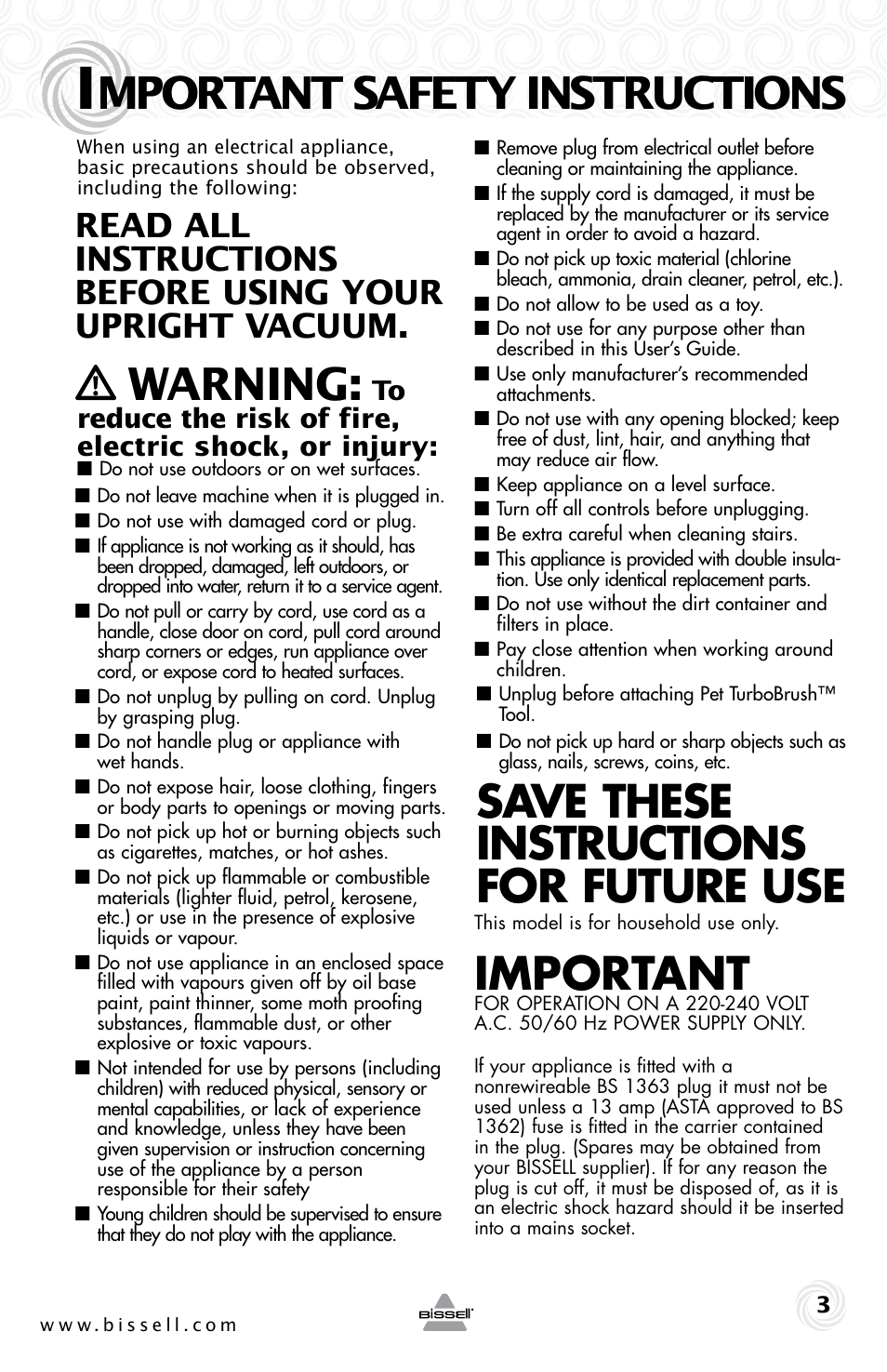 Mportant safety instructions, Warning, Save these instructions for future use | Important | Bissell 10N6-F User Manual | Page 3 / 16