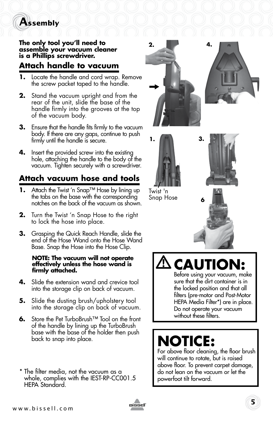 Caution, Notice, Attach handle to vacuum | Attach vacuum hose and tools | Bissell 10N6-F User Manual | Page 5 / 16