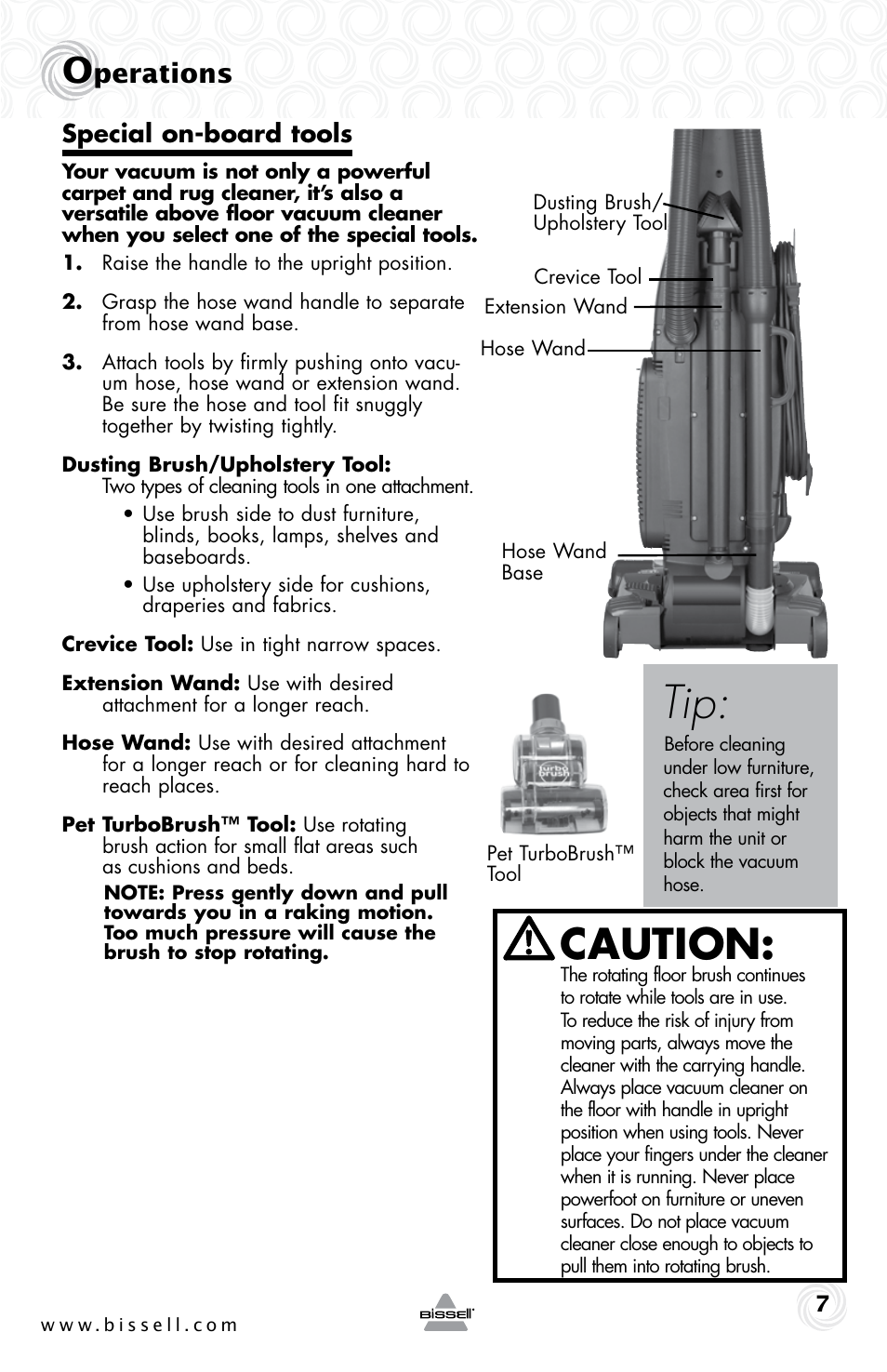 Caution, Perations, Special on-board tools | Bissell 10N6-F User Manual | Page 7 / 16