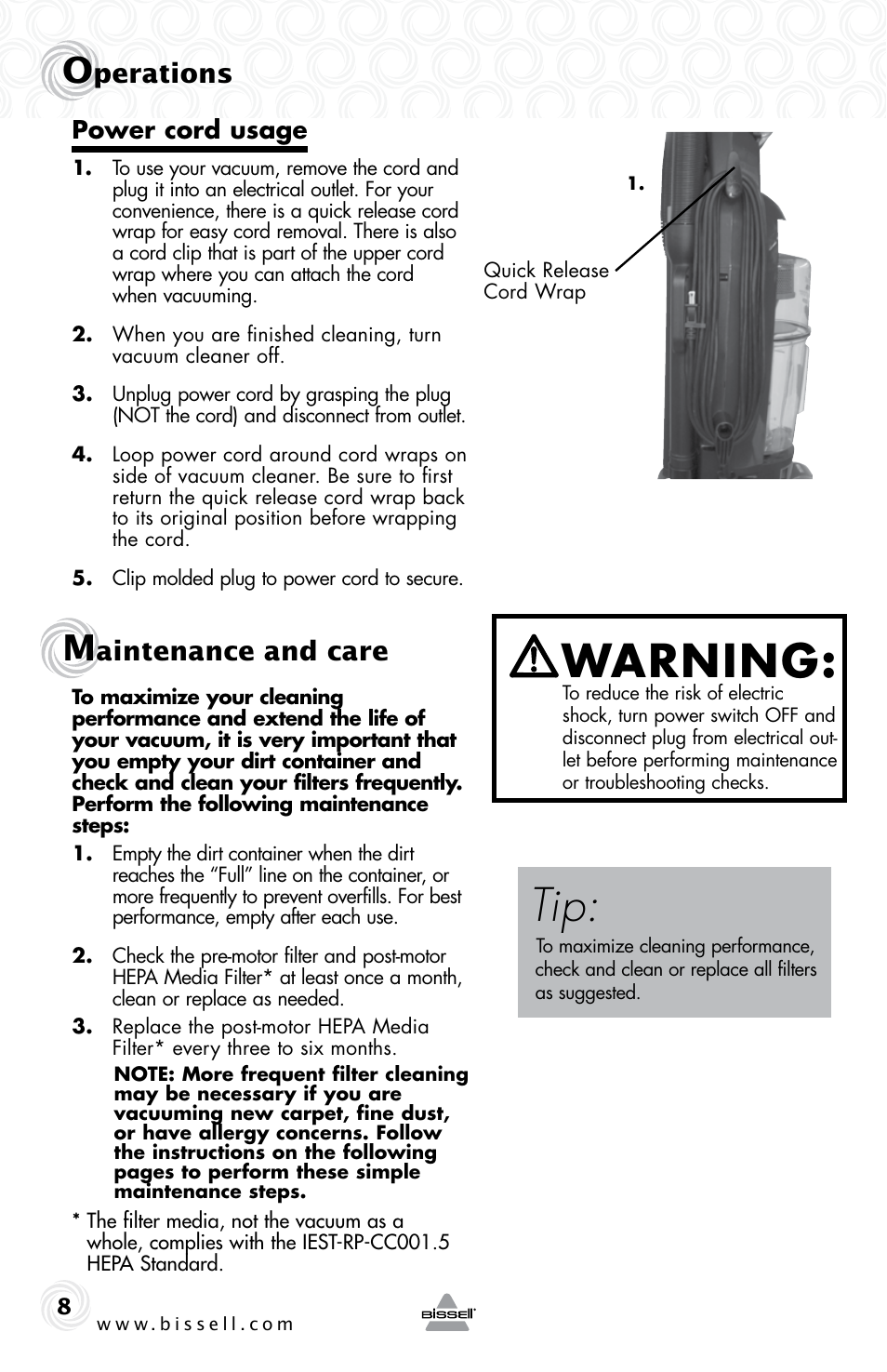 Warning, Perations, Aintenance and care | Power cord usage | Bissell 10N6-F User Manual | Page 8 / 16