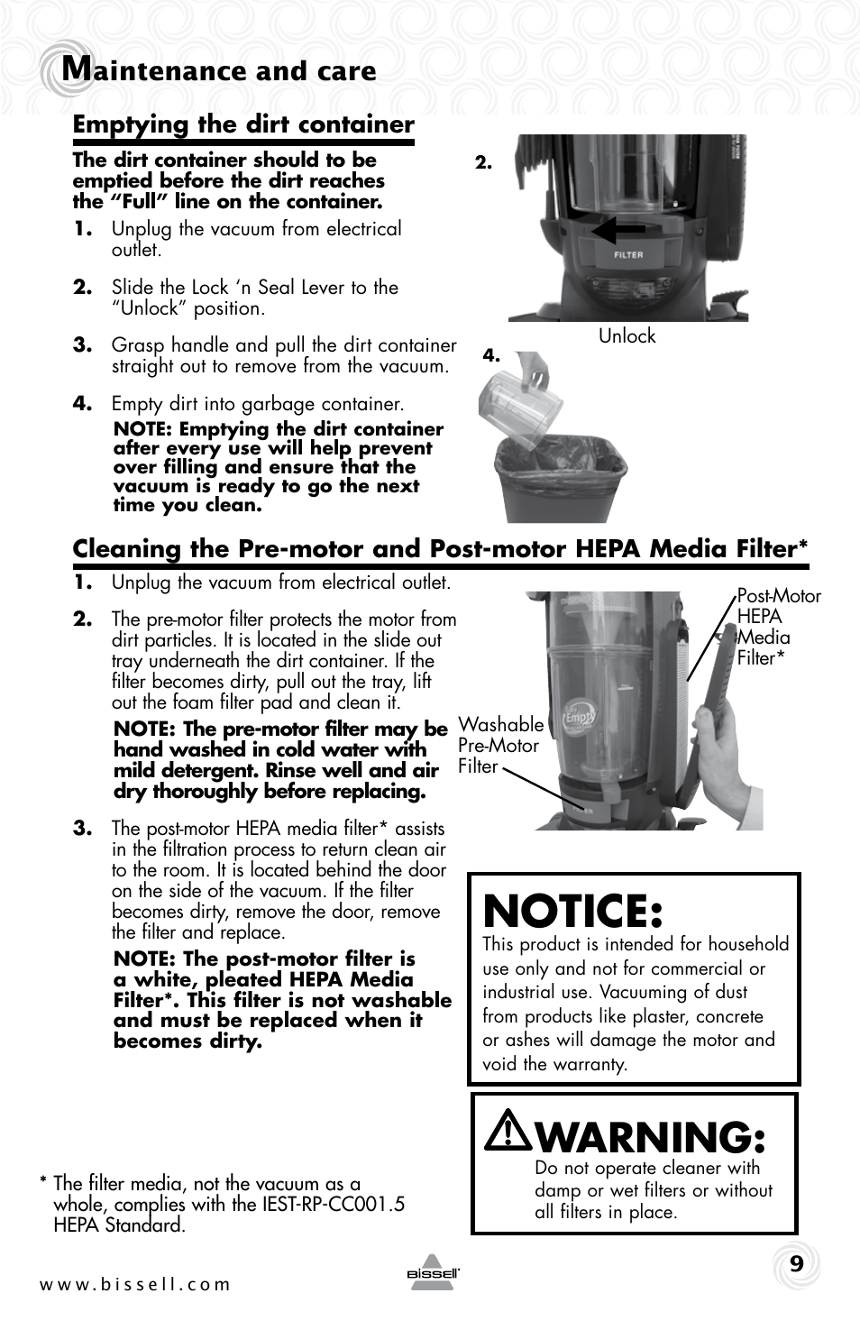Notice, Warning, Aintenance and care | Emptying the dirt container | Bissell 10N6-F User Manual | Page 9 / 16