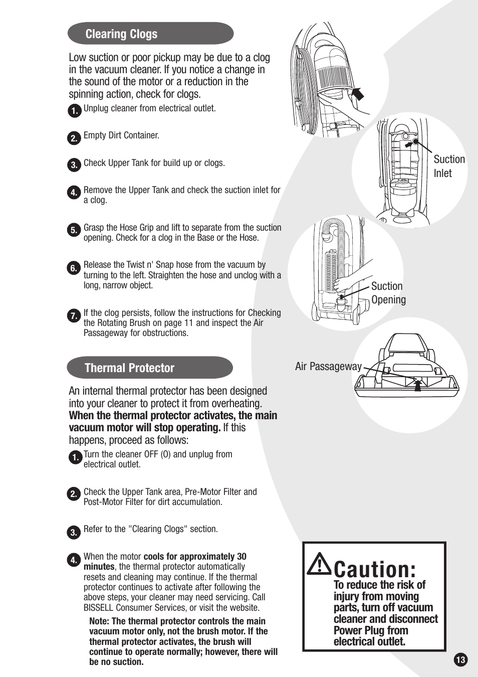 Caution, Clearing clogs, Thermal protector | Bissell 6850 SERIES User Manual | Page 13 / 16