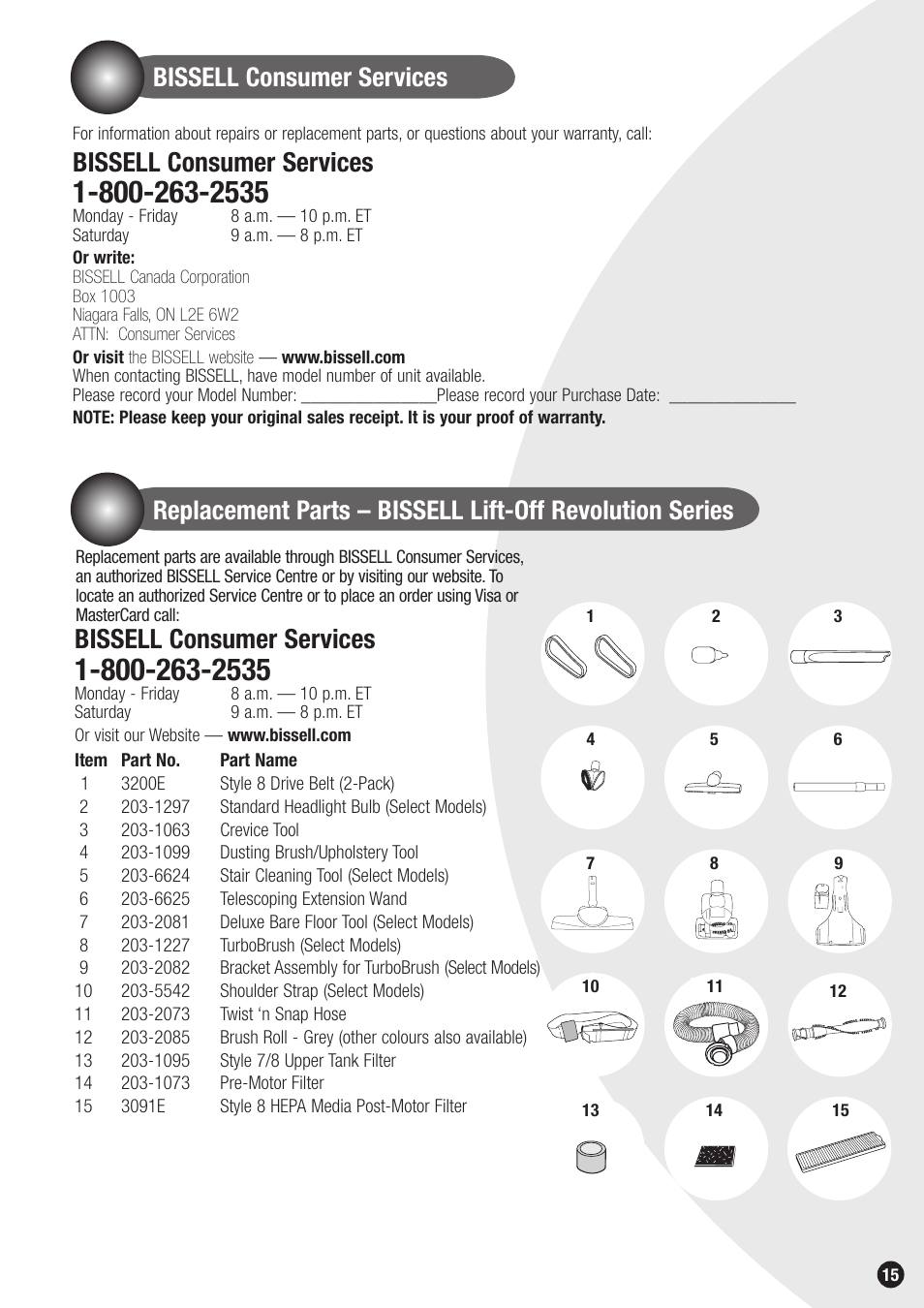 Bissell consumer services | Bissell 6850 SERIES User Manual | Page 15 / 16